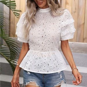 Boho Eyelet Embroidered Mock Neck Tie Back Ruffle Sleeve Top Blouse Shirt White
